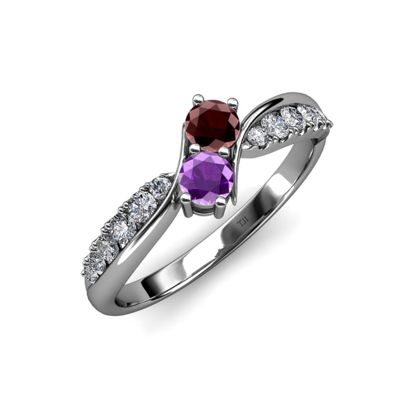 Nicia Red Garnet and Amethyst with Side Diamonds Bypass Ring 