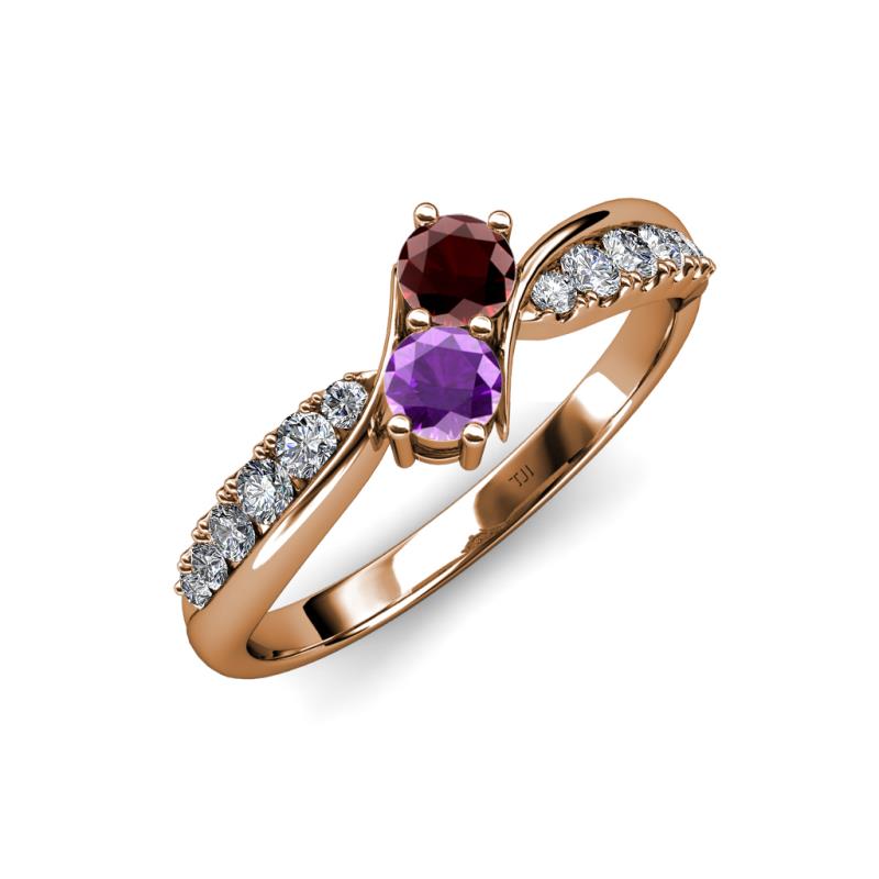 Nicia Red Garnet and Amethyst with Side Diamonds Bypass Ring 