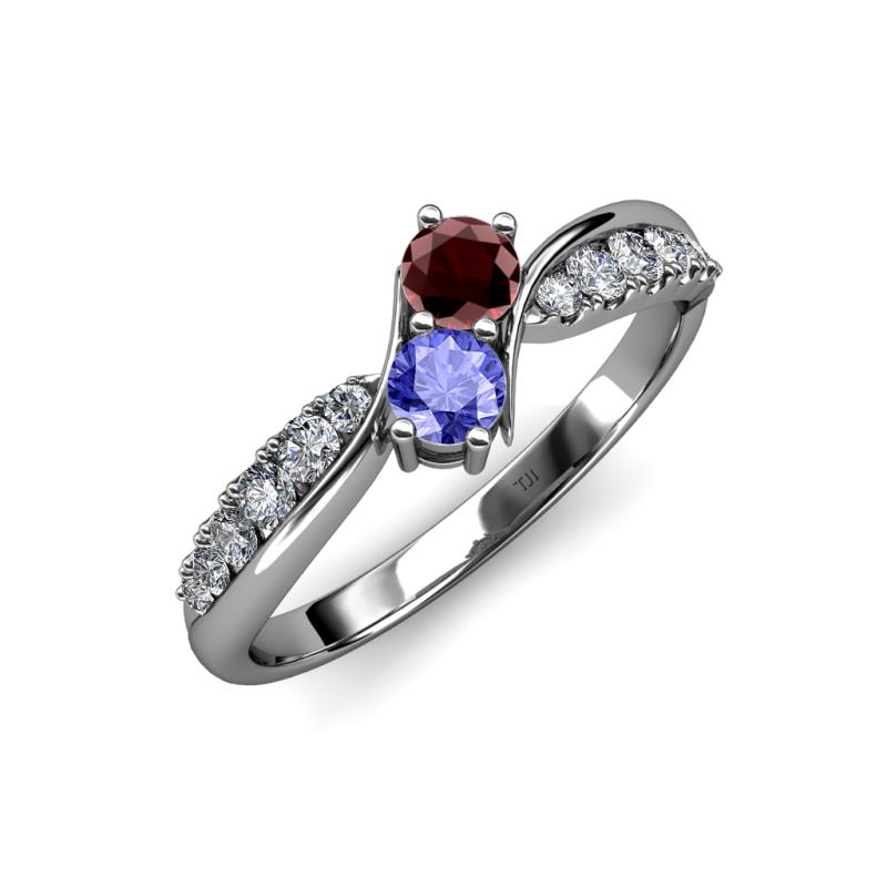 Nicia Red Garnet and Tanzanite with Side Diamonds Bypass Ring 