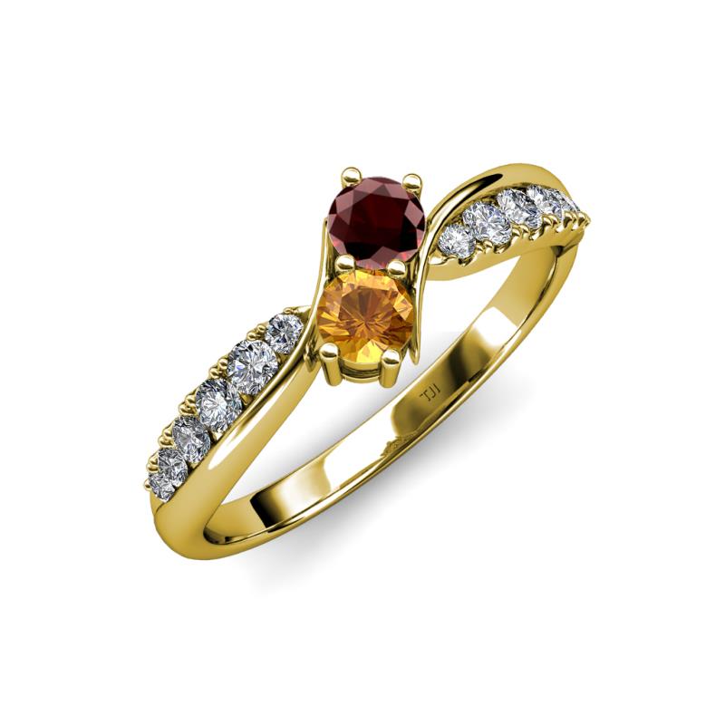 Nicia Red Garnet and Citrine with Side Diamonds Bypass Ring 