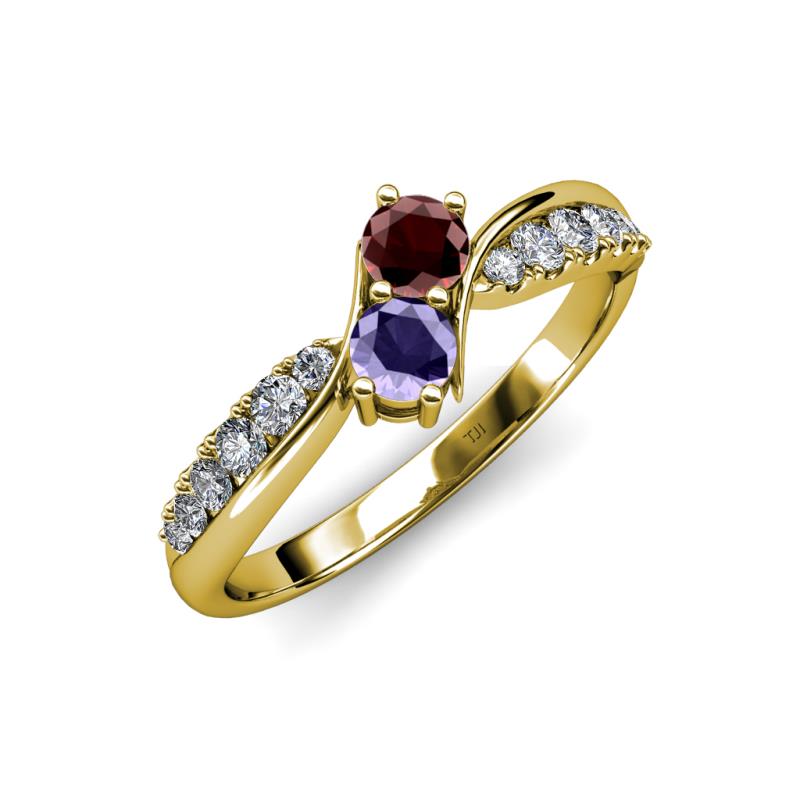Nicia Red Garnet and Iolite with Side Diamonds Bypass Ring 