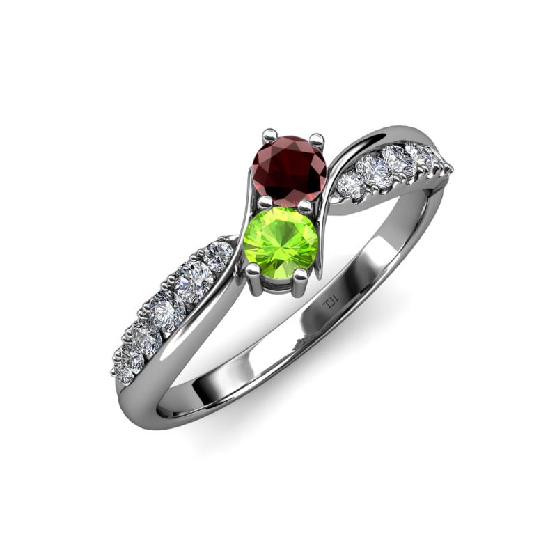 Nicia Red Garnet and Peridot with Side Diamonds Bypass Ring 