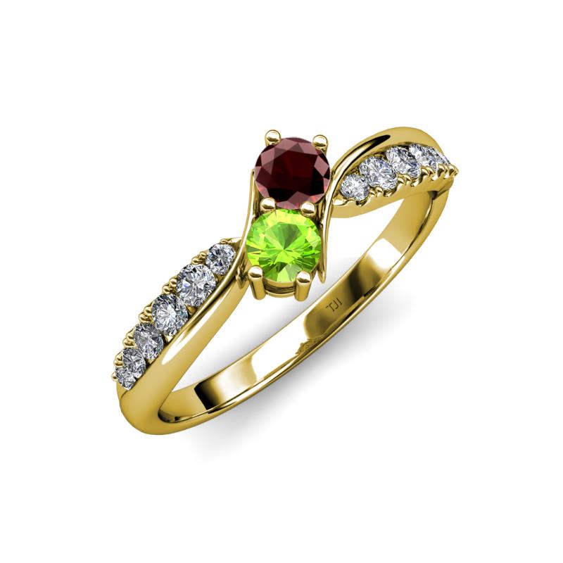 Nicia Red Garnet and Peridot with Side Diamonds Bypass Ring 