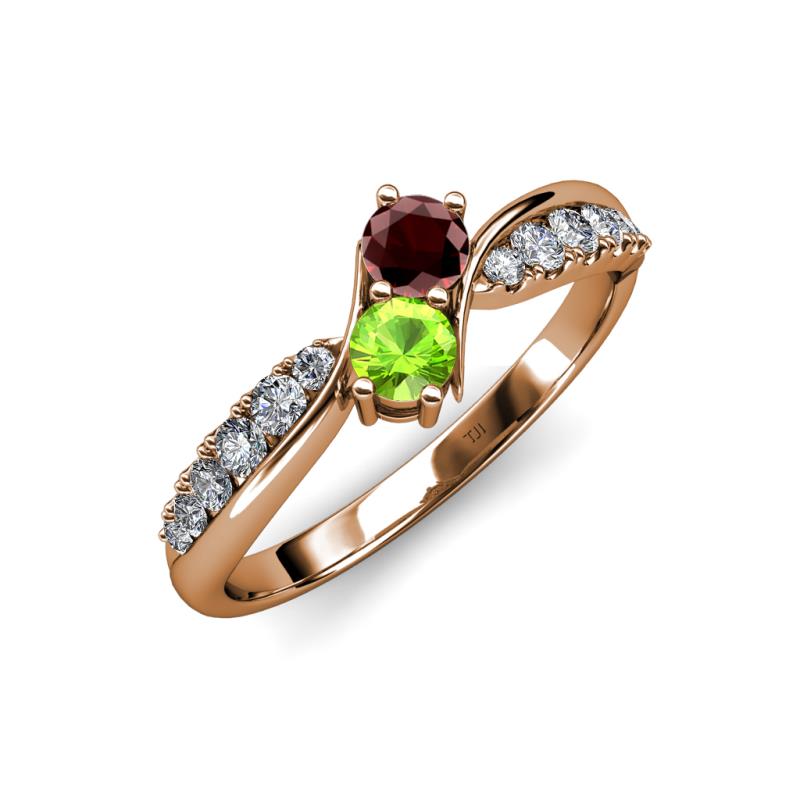 Nicia Red Garnet and Peridot with Side Diamonds Bypass Ring 