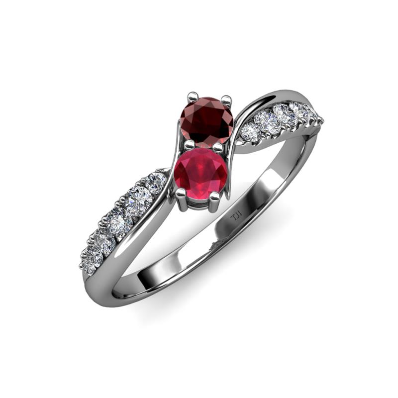 Nicia Red Garnet and Ruby with Side Diamonds Bypass Ring 