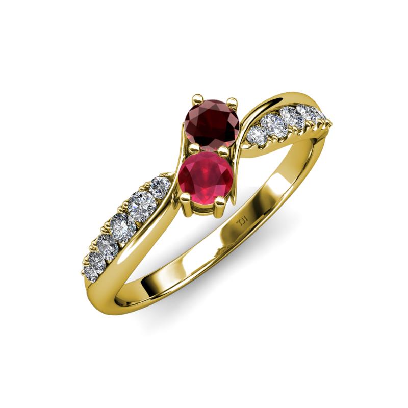 Nicia Red Garnet and Ruby with Side Diamonds Bypass Ring 