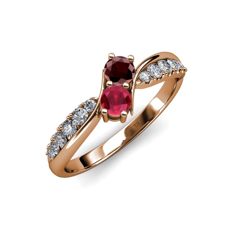 Nicia Red Garnet and Ruby with Side Diamonds Bypass Ring 