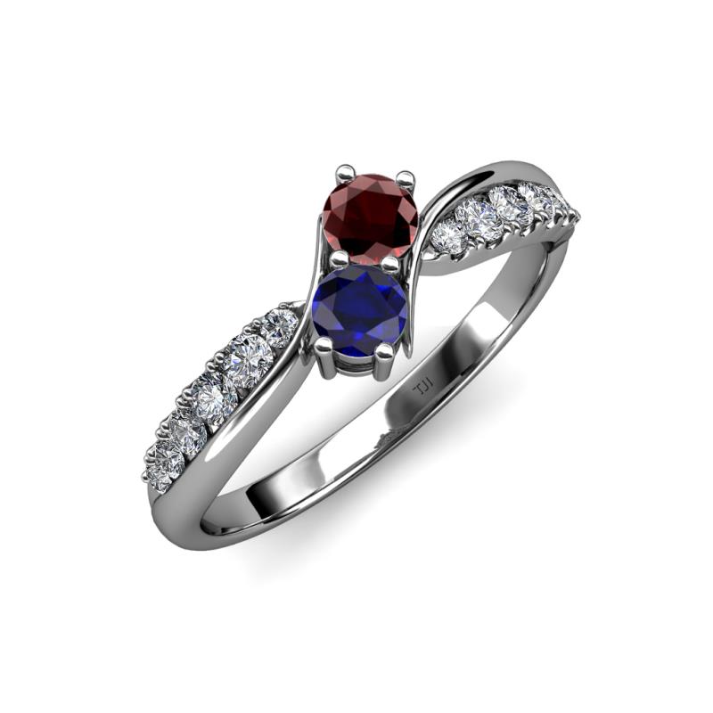 Nicia Red Garnet and Blue Sapphire with Side Diamonds Bypass Ring 