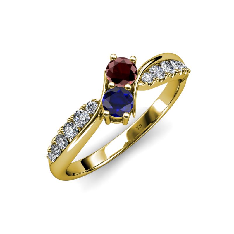 Nicia Red Garnet and Blue Sapphire with Side Diamonds Bypass Ring 