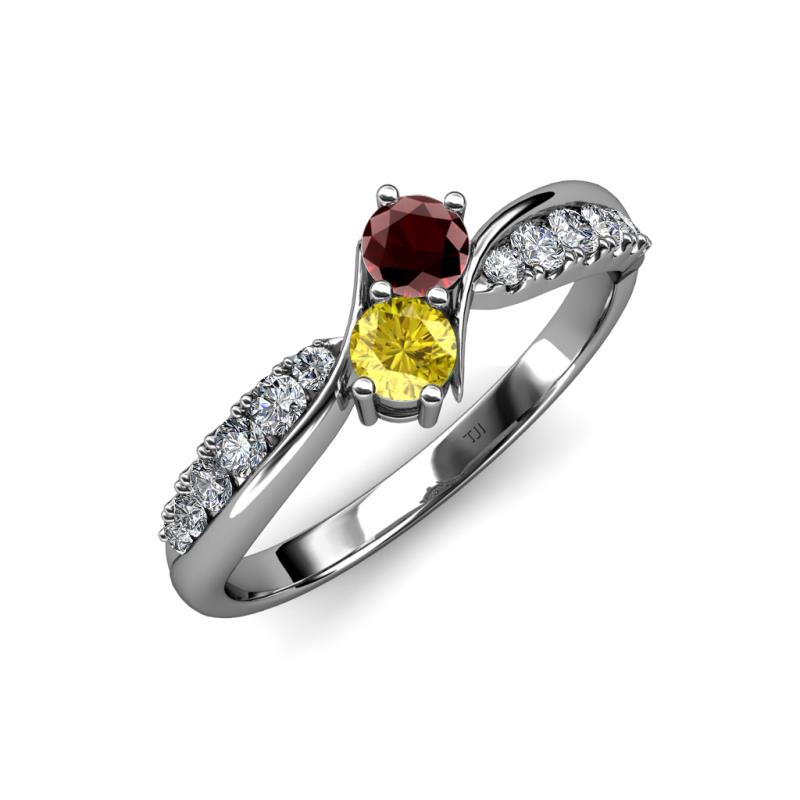 Nicia Red Garnet and Yellow Sapphire with Side Diamonds Bypass Ring 