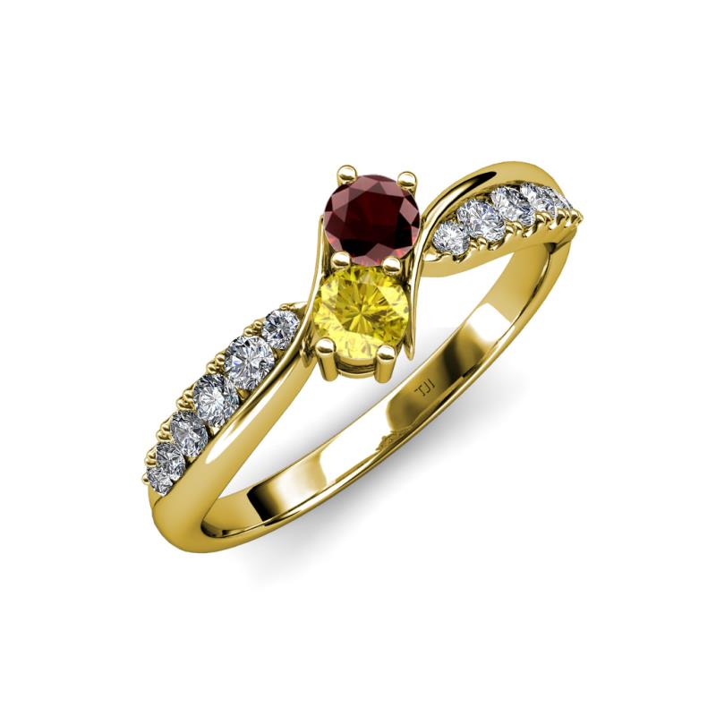 Nicia Red Garnet and Yellow Sapphire with Side Diamonds Bypass Ring 