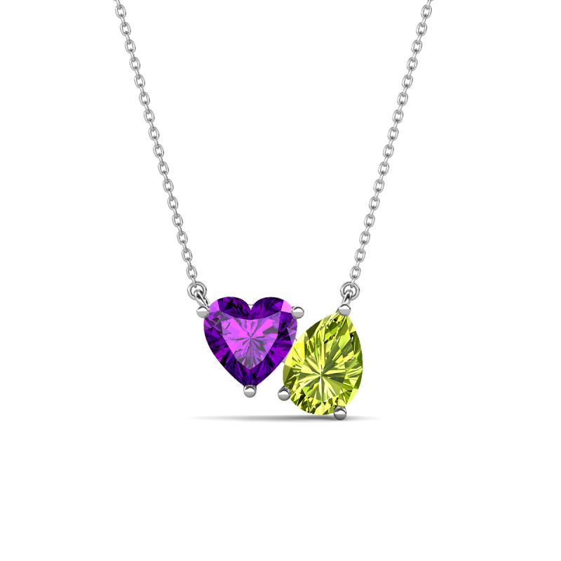 Zuri 1.48 ctw Heart Shape Amethyst with Pear Shape Peridot Toi Et Moi Women Pendant Necklace 