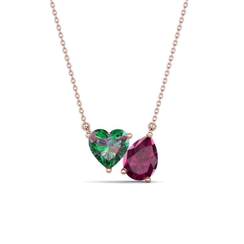 Zuri 1.65 ctw Heart Shape Created Alexandrite with Pear Shape Rhodolite Garnet Toi Et Moi Women Pendant Necklace 