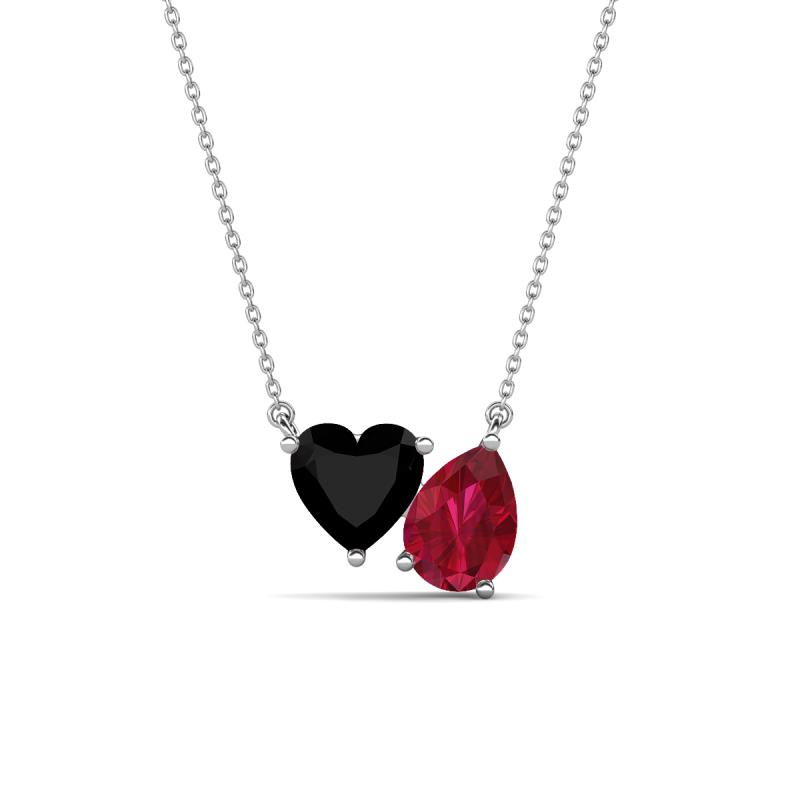 Zuri 1.65 ctw Heart Shape Black Onyx with Pear Shape Created Ruby Toi Et Moi Women Pendant Necklace 