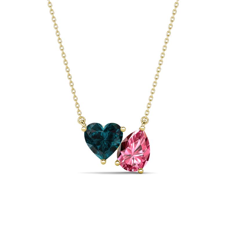 Zuri 1.70 ctw Heart Shape London Blue Topaz with Pear Shape Pink Tourmaline Toi Et Moi Women Pendant Necklace 