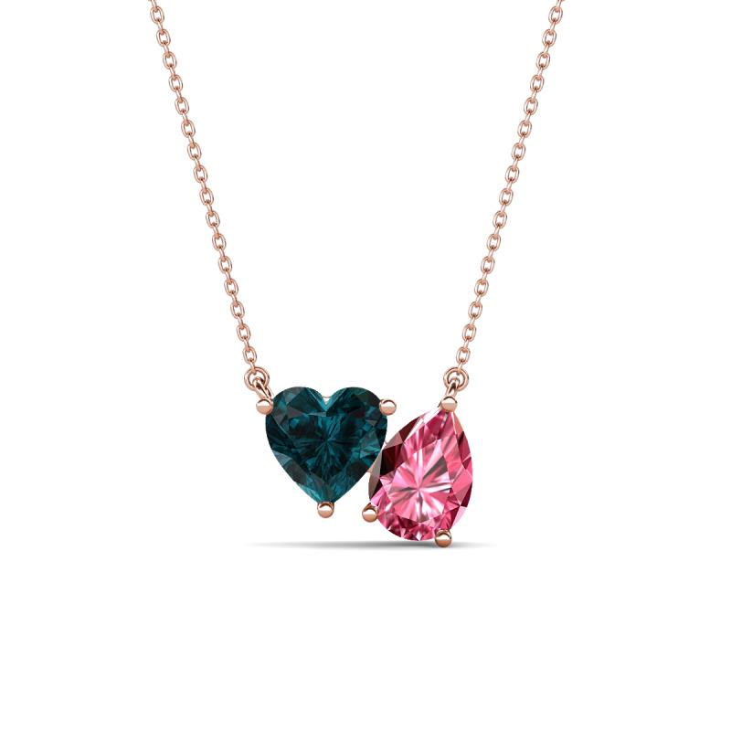 Zuri 1.70 ctw Heart Shape London Blue Topaz with Pear Shape Pink Tourmaline Toi Et Moi Women Pendant Necklace 