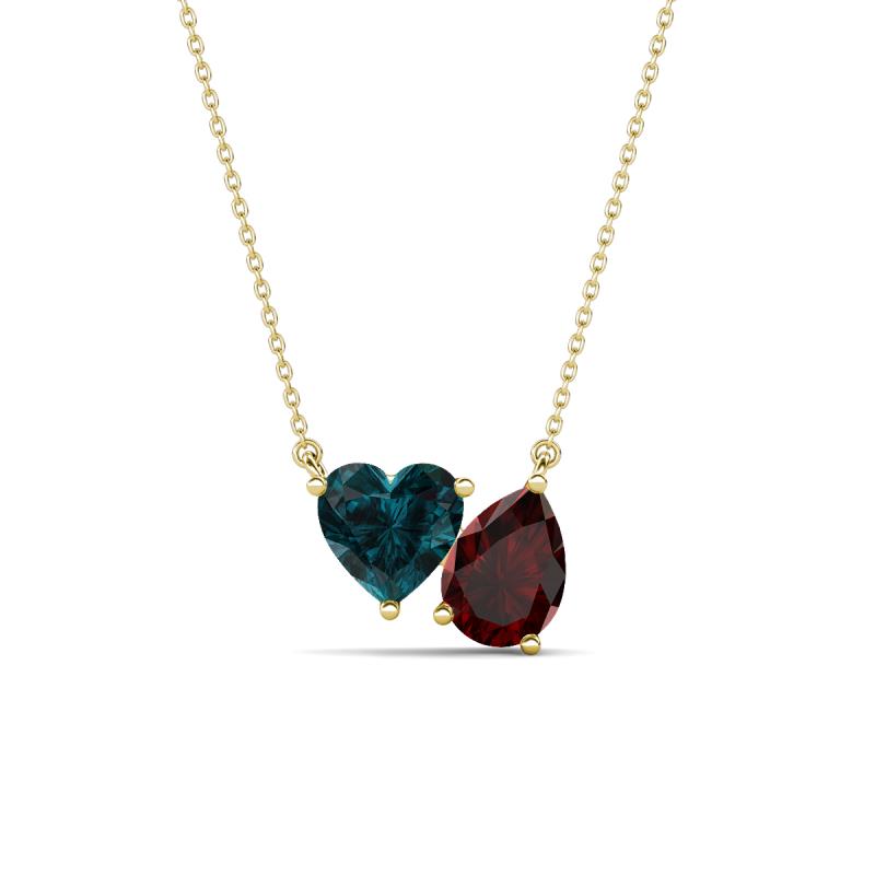 Zuri 1.90 ctw Heart Shape London Blue Topaz with Pear Shape Red Garnet Toi Et Moi Women Pendant Necklace 