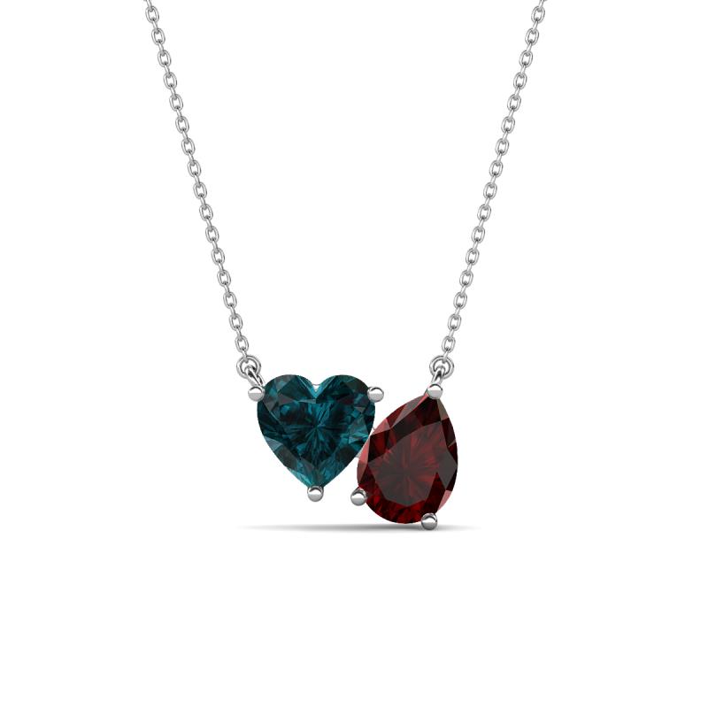 Zuri 1.90 ctw Heart Shape London Blue Topaz with Pear Shape Red Garnet Toi Et Moi Women Pendant Necklace 