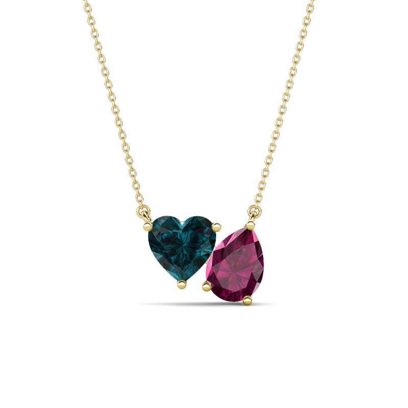 Zuri 1.90 ctw Heart Shape London Blue Topaz with Pear Shape Rhodolite Garnet Toi Et Moi Women Pendant Necklace 