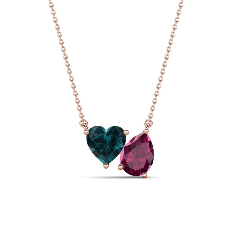 Zuri 1.90 ctw Heart Shape London Blue Topaz with Pear Shape Rhodolite Garnet Toi Et Moi Women Pendant Necklace 