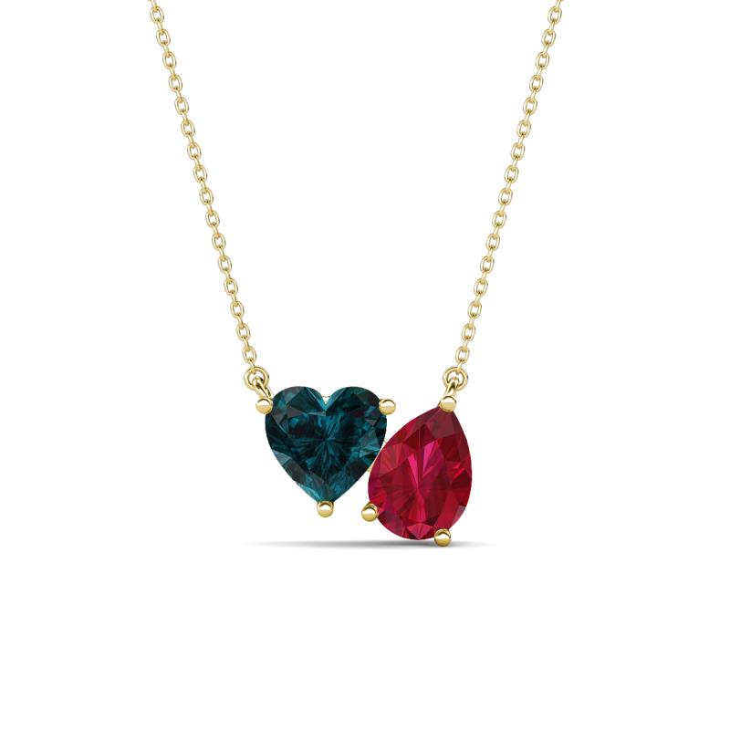 Zuri 1.95 ctw Heart Shape London Blue Topaz with Pear Shape Created Ruby Toi Et Moi Women Pendant Necklace 