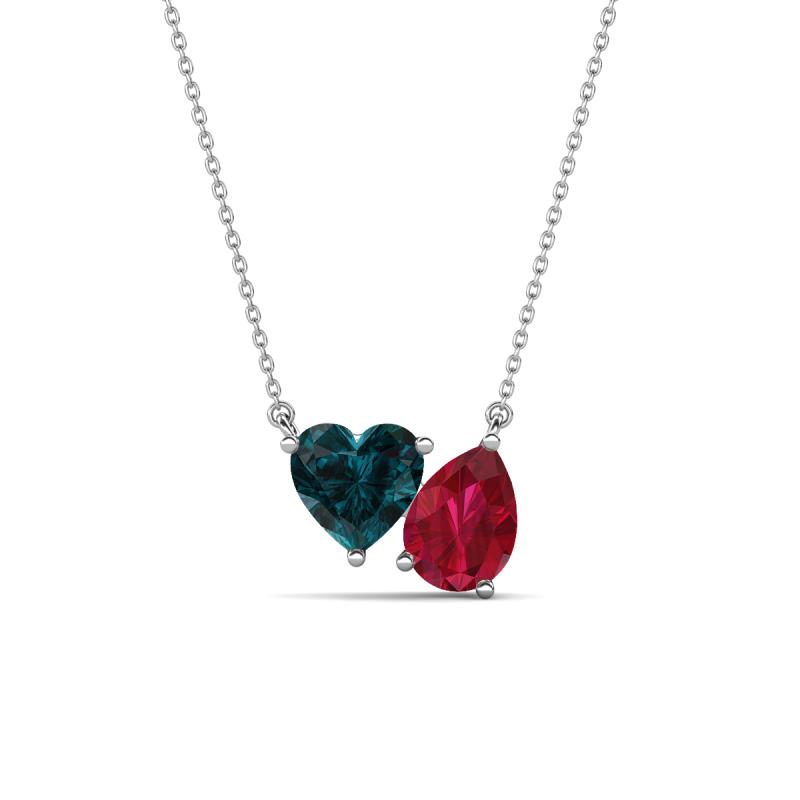 Zuri 1.95 ctw Heart Shape London Blue Topaz with Pear Shape Created Ruby Toi Et Moi Women Pendant Necklace 