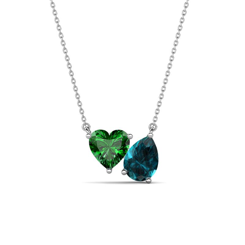 Zuri 1.60 ctw Heart Shape Created Emerald with Pear Shape London Blue Topaz Toi Et Moi Women Pendant Necklace 
