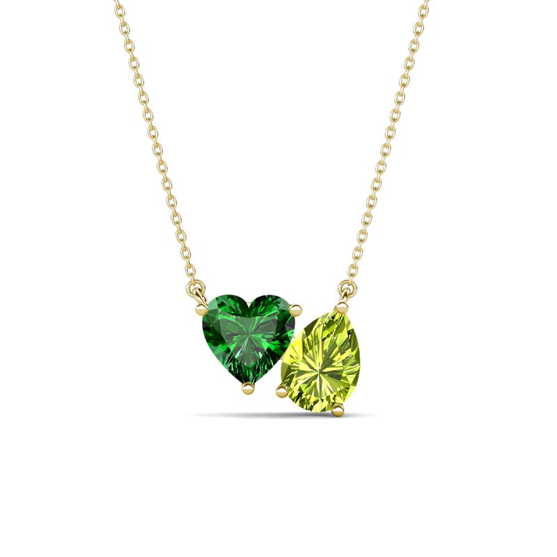 Zuri 1.55 ctw Heart Shape Created Emerald with Pear Shape Peridot Toi Et Moi Women Pendant Necklace 