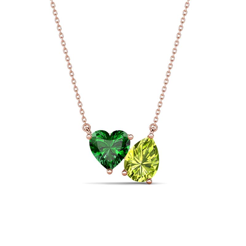 Zuri 1.55 ctw Heart Shape Created Emerald with Pear Shape Peridot Toi Et Moi Women Pendant Necklace 