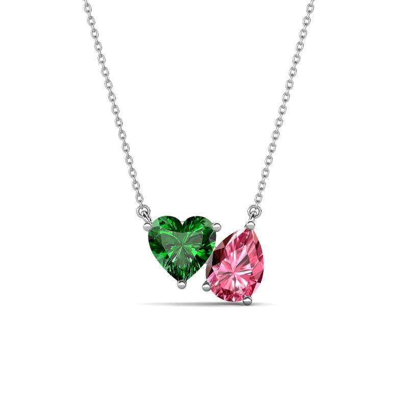Zuri 1.45 ctw Heart Shape Created Emerald with Pear Shape Pink Tourmaline Toi Et Moi Women Pendant Necklace 