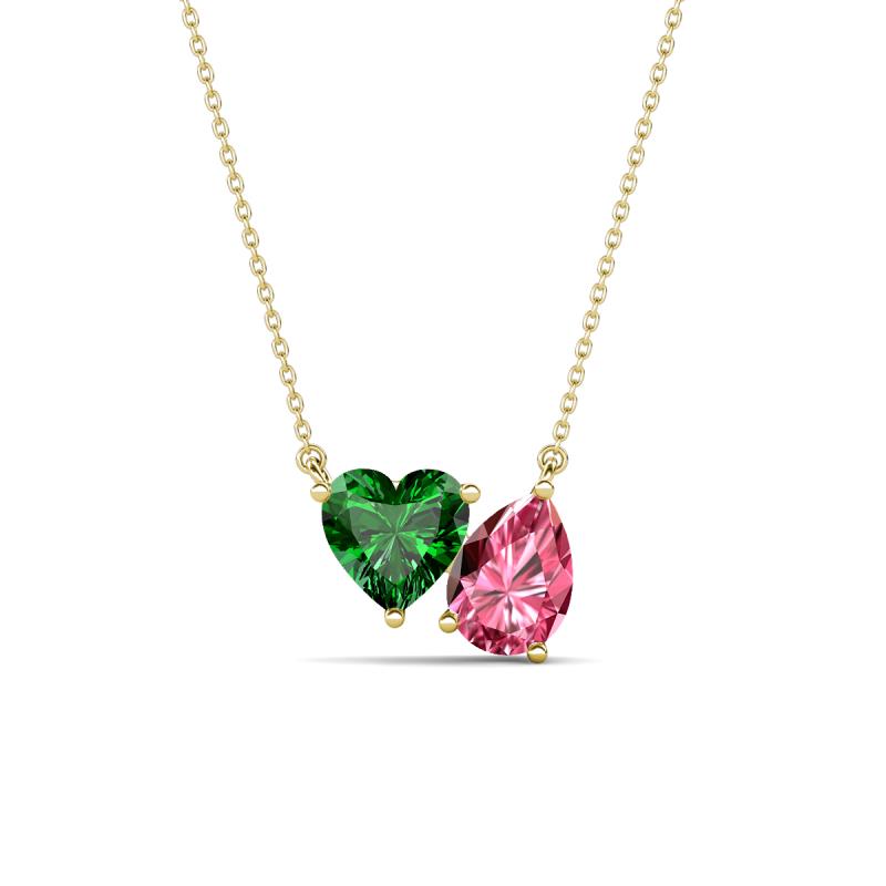 Zuri 1.45 ctw Heart Shape Created Emerald with Pear Shape Pink Tourmaline Toi Et Moi Women Pendant Necklace 