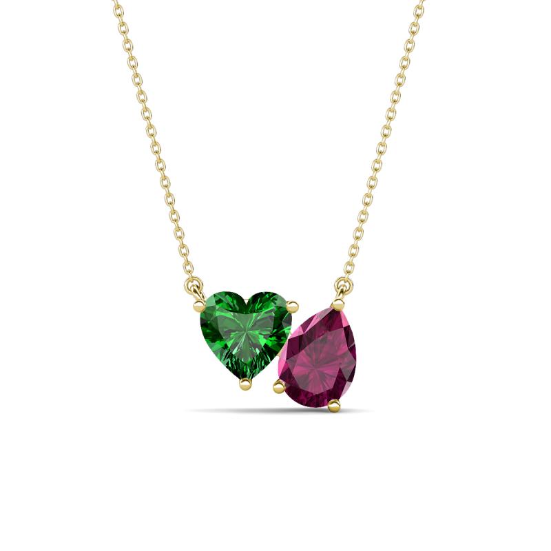 Zuri 1.65 ctw Heart Shape Created Emerald with Pear Shape Rhodolite Garnet Toi Et Moi Women Pendant Necklace 