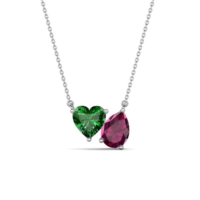 Zuri 1.65 ctw Heart Shape Created Emerald with Pear Shape Rhodolite Garnet Toi Et Moi Women Pendant Necklace 