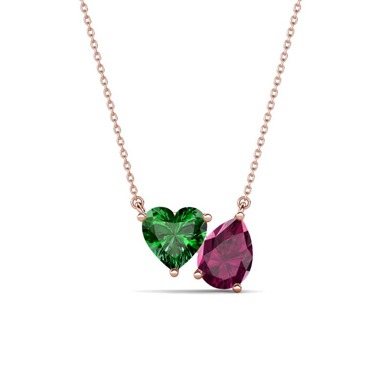 Zuri 1.65 ctw Heart Shape Created Emerald with Pear Shape Rhodolite Garnet Toi Et Moi Women Pendant Necklace 