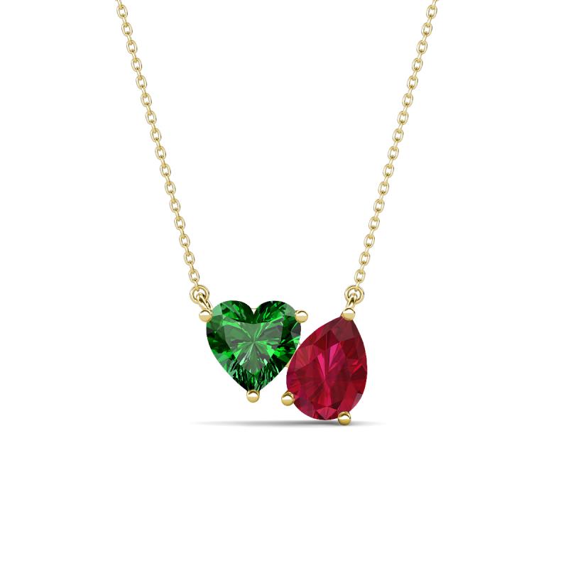 Zuri 1.70 ctw Heart Shape Created Emerald with Pear Shape Created Ruby Toi Et Moi Women Pendant Necklace 