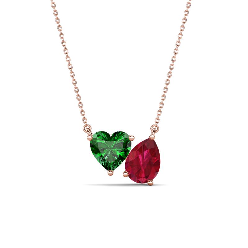 Zuri 1.70 ctw Heart Shape Created Emerald with Pear Shape Created Ruby Toi Et Moi Women Pendant Necklace 