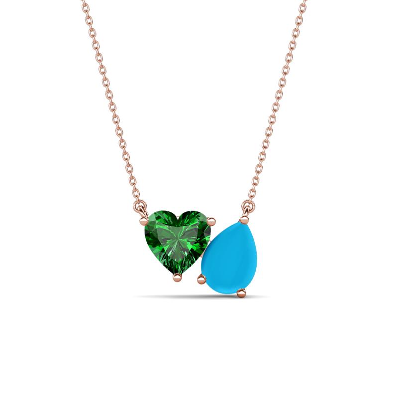Zuri 1.10 ctw Heart Shape Created Emerald with Pear Shape Turquoise Toi Et Moi Women Pendant Necklace 