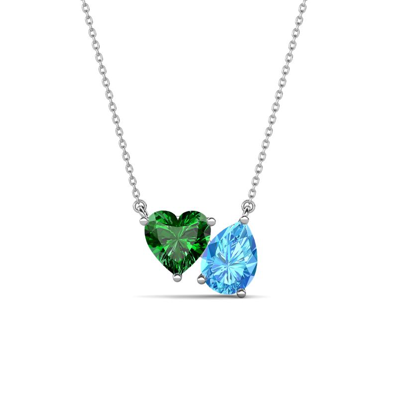 Zuri 1.60 ctw Heart Shape Created Emerald with Pear Shape Blue Topaz Toi Et Moi Women Pendant Necklace 