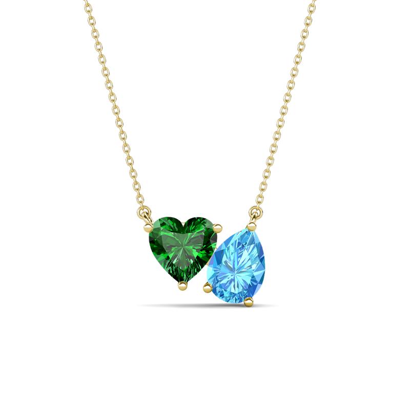 Zuri 1.60 ctw Heart Shape Created Emerald with Pear Shape Blue Topaz Toi Et Moi Women Pendant Necklace 