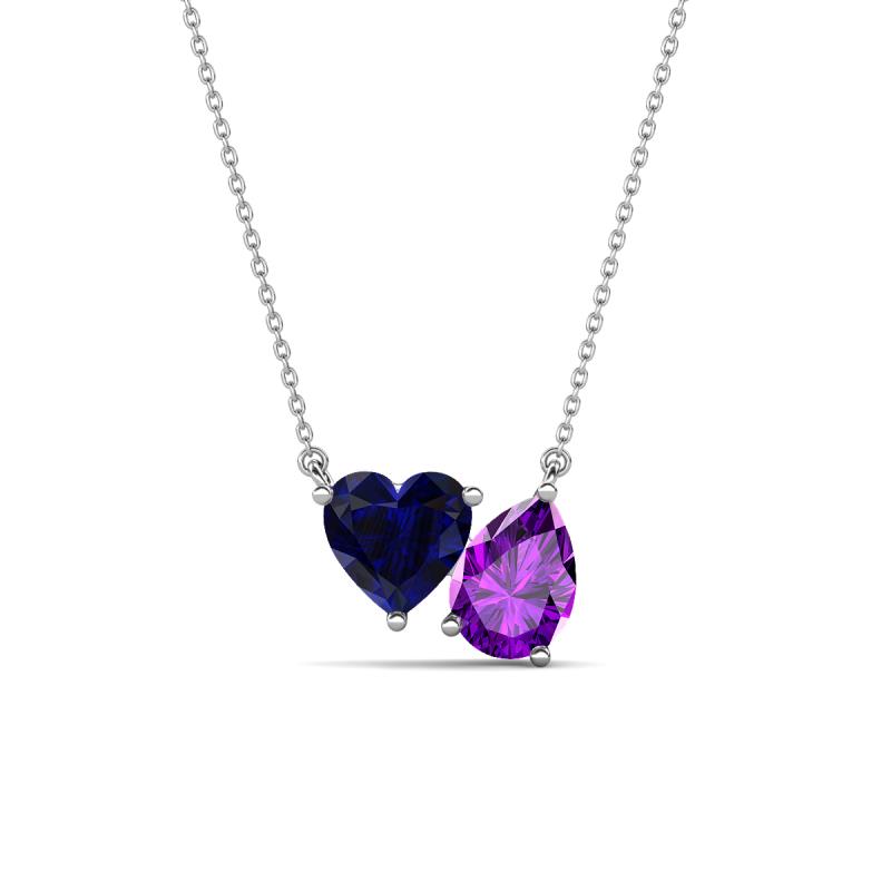 Zuri 1.55 ctw Heart Shape Created Blue Sapphire with Pear Shape Amethyst Toi Et Moi Women Pendant Necklace 