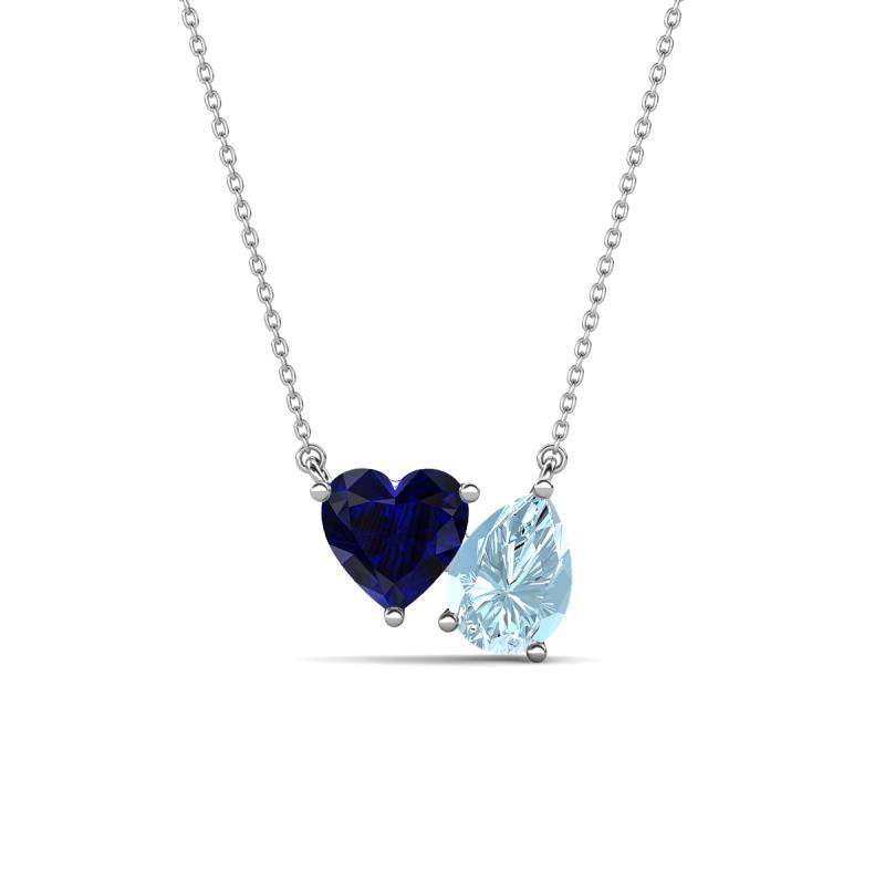 Zuri 1.50 ctw Heart Shape Created Blue Sapphire with Pear Shape Aquamarine Toi Et Moi Women Pendant Necklace 