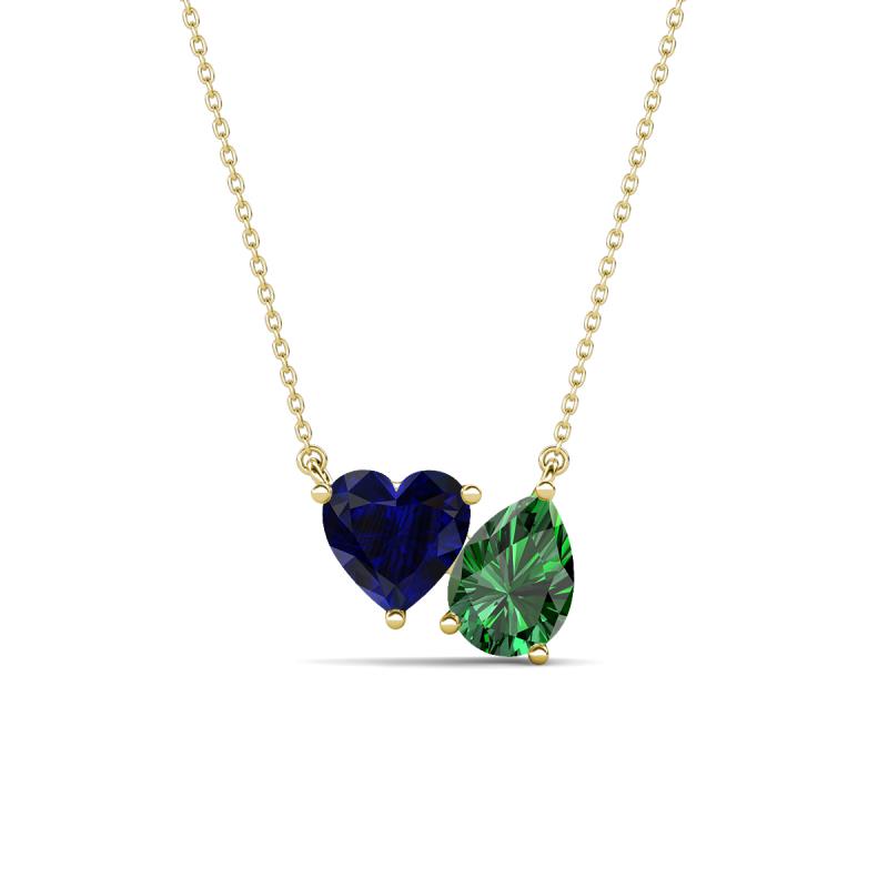 Zuri 1.70 ctw Heart Shape Created Blue Sapphire with Pear Shape Created Emerald Toi Et Moi Women Pendant Necklace 