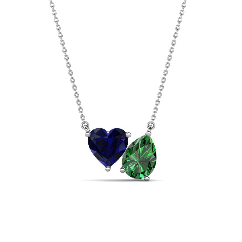Zuri 1.70 ctw Heart Shape Created Blue Sapphire with Pear Shape Created Emerald Toi Et Moi Women Pendant Necklace 