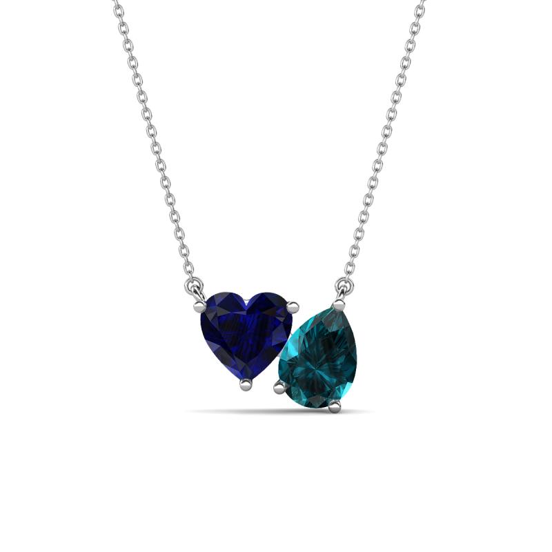 Zuri 1.75 ctw Heart Shape Created Blue Sapphire with Pear Shape London Blue Topaz Toi Et Moi Women Pendant Necklace 