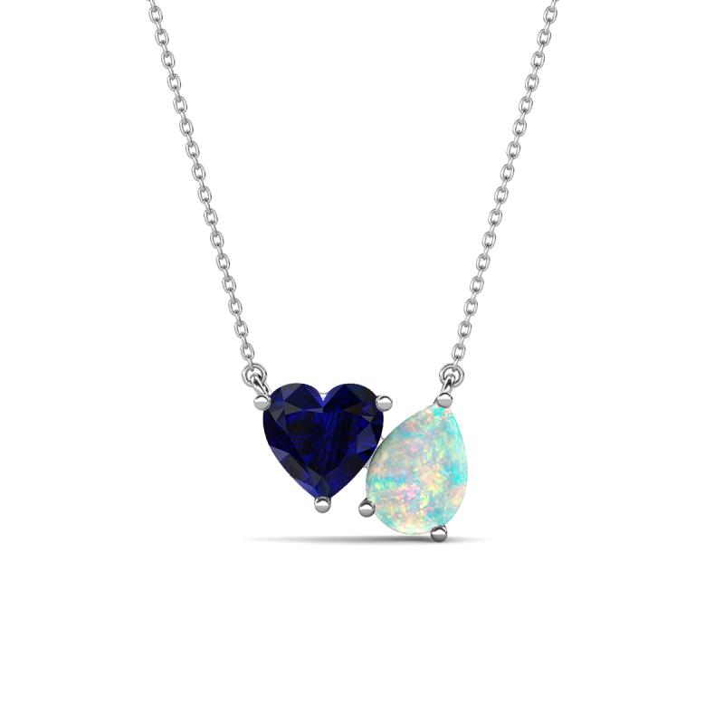 Zuri 1.25 ctw Heart Shape Created Blue Sapphire with Pear Shape Opal Toi Et Moi Women Pendant Necklace 
