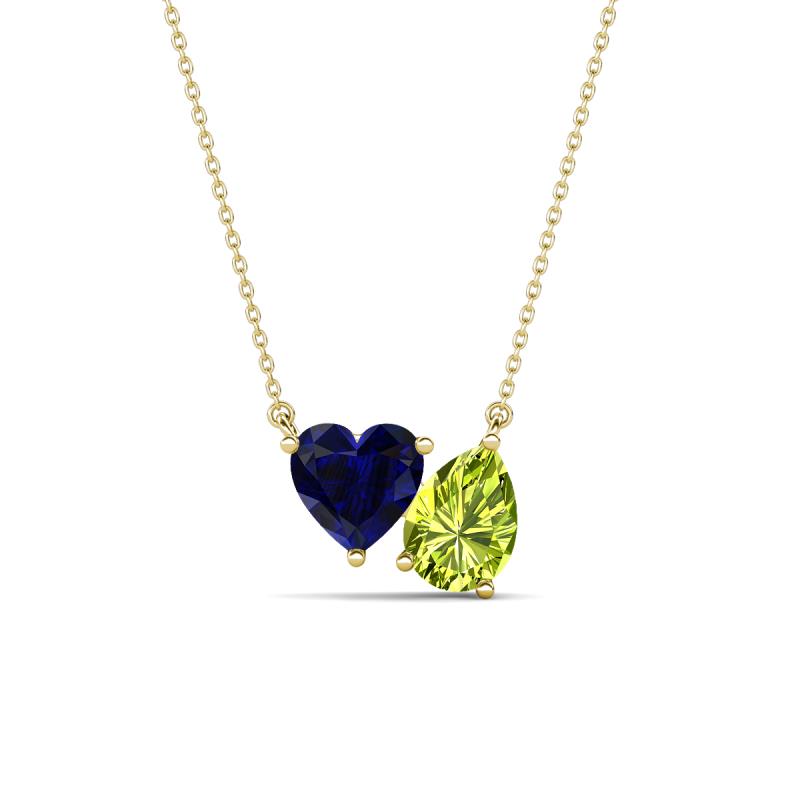 Zuri 1.70 ctw Heart Shape Created Blue Sapphire with Pear Shape Peridot Toi Et Moi Women Pendant Necklace 