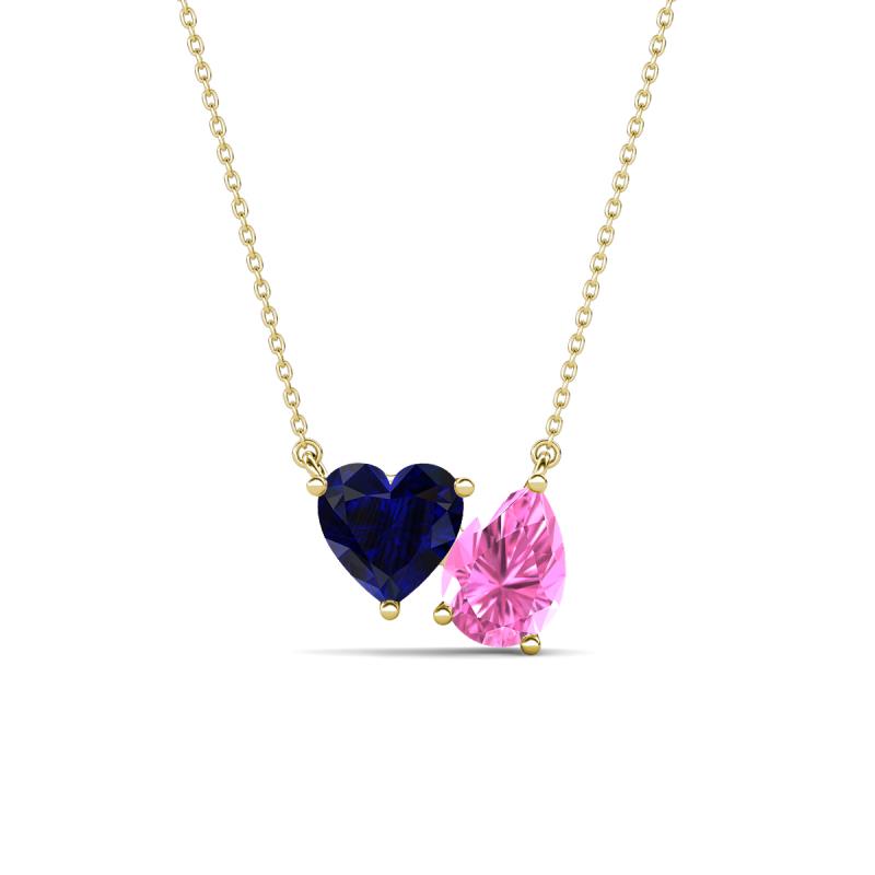 Zuri 1.80 ctw Heart Shape Created Blue Sapphire with Pear Shape Created Pink Sapphire Toi Et Moi Women Pendant Necklace 