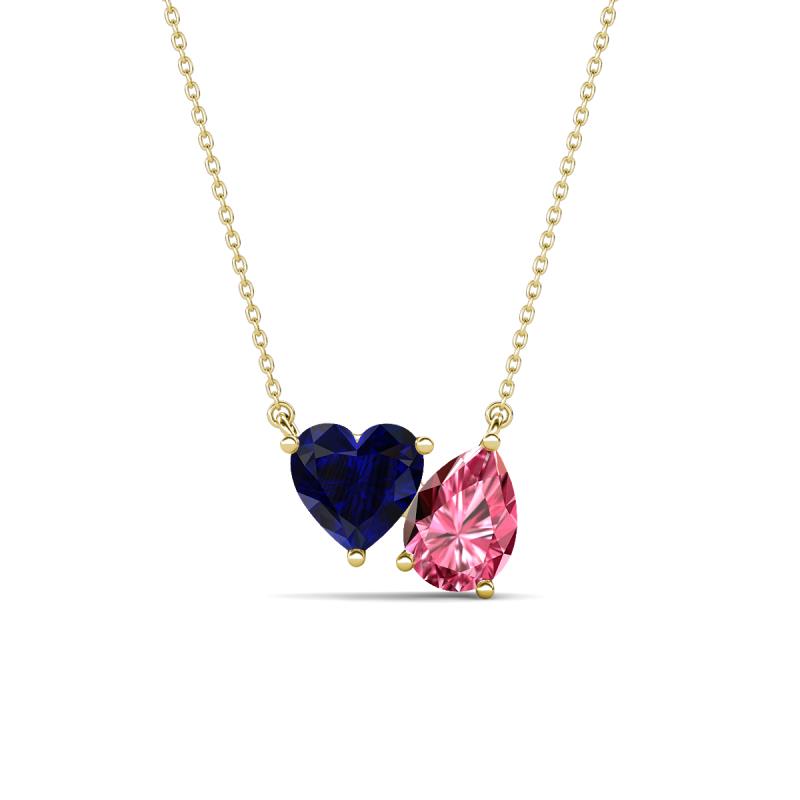 Zuri 1.60 ctw Heart Shape Created Blue Sapphire with Pear Shape Pink Tourmaline Toi Et Moi Women Pendant Necklace 