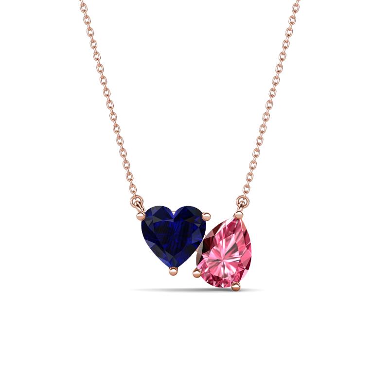 Zuri 1.60 ctw Heart Shape Created Blue Sapphire with Pear Shape Pink Tourmaline Toi Et Moi Women Pendant Necklace 