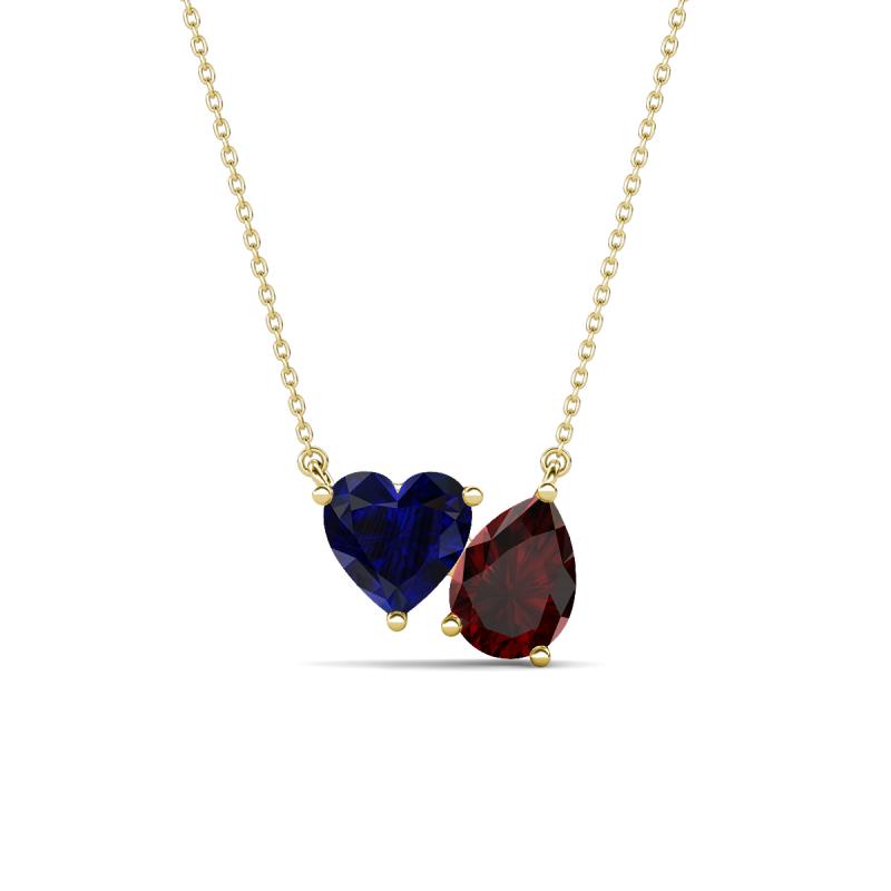 Zuri 1.80 ctw Heart Shape Created Blue Sapphire with Pear Shape Red Garnet Toi Et Moi Women Pendant Necklace 
